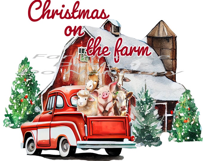 Christmas on the farm, barn and truck scene, Digital Download, Shirt Design, Door sign Png, digital download, png file