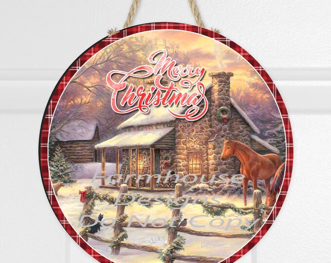 Merry Christmas, Rustic Farmhouse Scene, round door wooden decor, sign