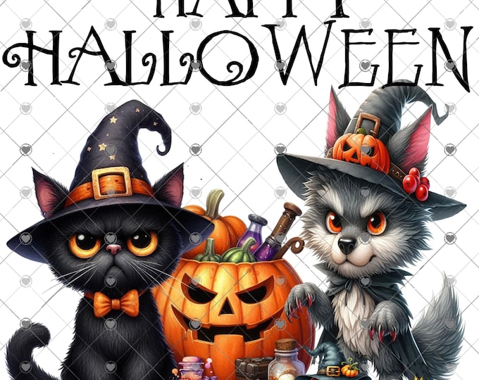 Happy Halloween, Black Cat Witch and Werewolf download, png file, shirt design, png, Children's shirt png