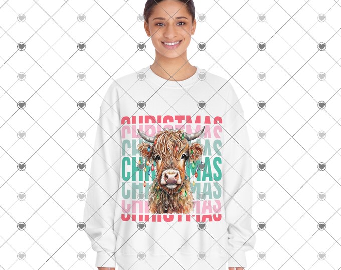 Christmas Highland Cow wrapped in lights, colorful, Unisex DryBlend® Crewneck Sweatshirt