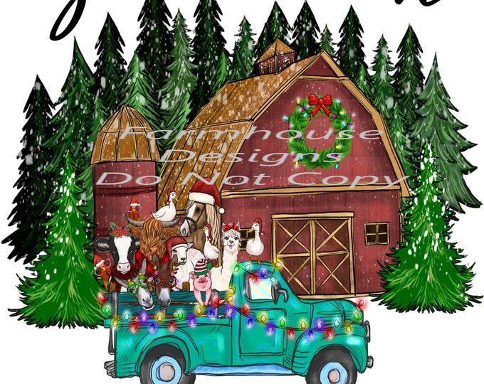 Small Town Christmas, red barn Turquoise vintage truck, Tree, country, sublimation transfer or White Toner Transfer