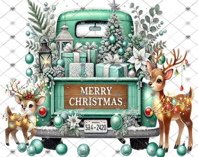 Vintage Teal Truck with trees and Deer, Merry Christmas, Digital Download, Shirt Design, digital download, png file