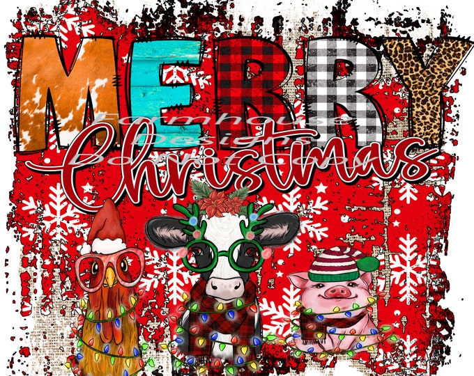 Merry Christmas Barnyard Animals, cow, pig, chicken design, Digital Download, Shirt Design, Door sign Png, digital download, png file