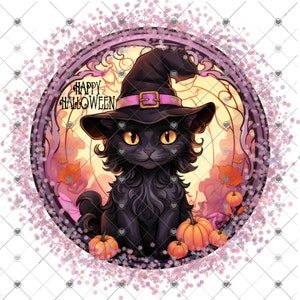 Feliz Halloween gato preto com chapéu de bruxa, 2 versões, sinal de boas-vindas, download digital, Round Png, arquivo png, outono png