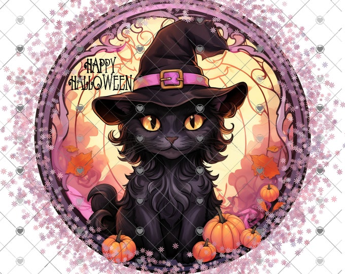 Happy Halloween Black Cat with Witch Hat, 2 Versions, Welcome sign, digital download, Round Png, png file, fall png