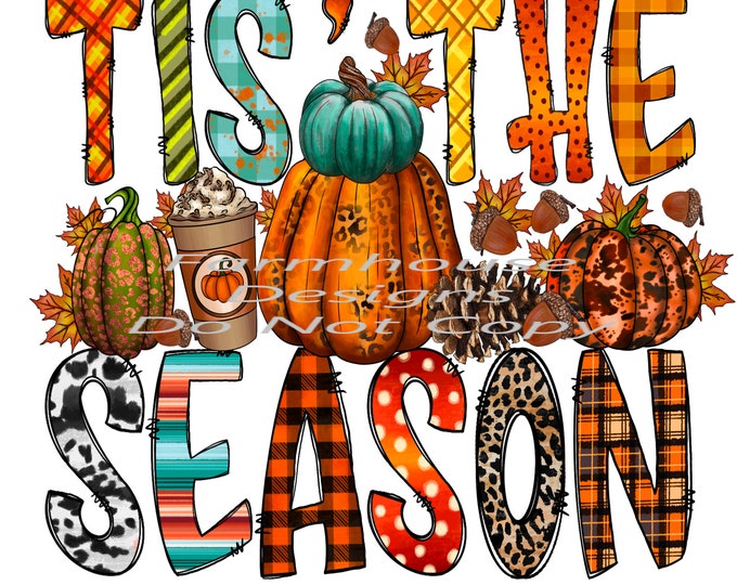 Tis The Season, colorful Fall Pumpkin designs, Fall print, digital download, png file, fall design, shirt design