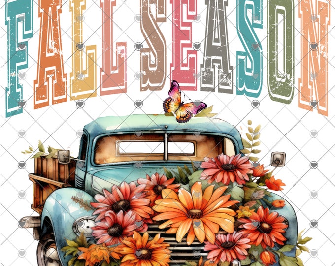 Fall Season, Turquoise Truck and Beautiful Flowers, Fall print, digital download, png file, fall design, shirt design