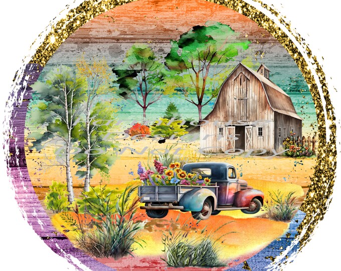 Vintage Truck with flowers in the bed, Barn Scene, Summer, Fall, Door sign Png, digital  download, welcome sign, shirt design