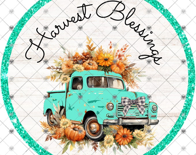 Harvest Blessings, Vintage Teal Truck with Pumpkins, Fall welcome sign, Round Door sign Png,  download, round door png, welcome sign