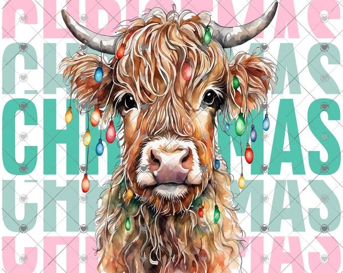 Christmas Highland Cow with Lights, Christmas Download, Girl's, kid's or adult's shirt, Png, digital download, png file