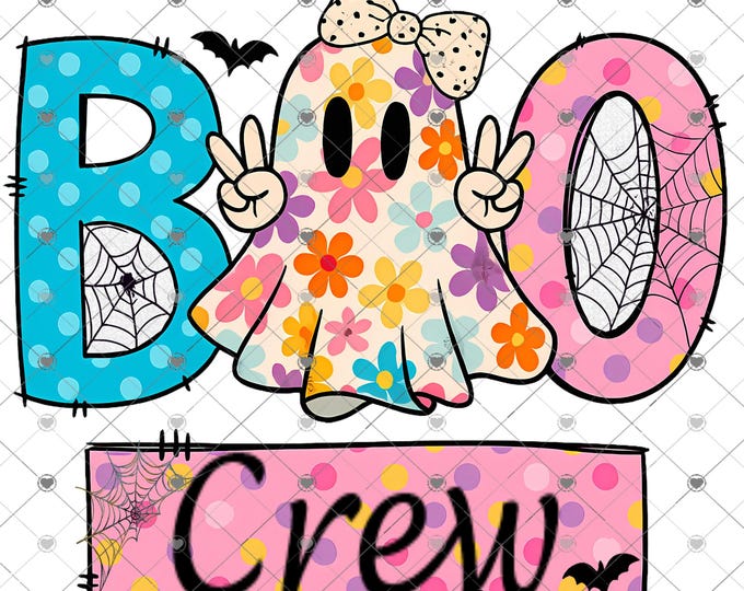 Boo Crew, Girly flower printed Ghost with bow download, Halloween png file, shirt design, png, Children's shirt