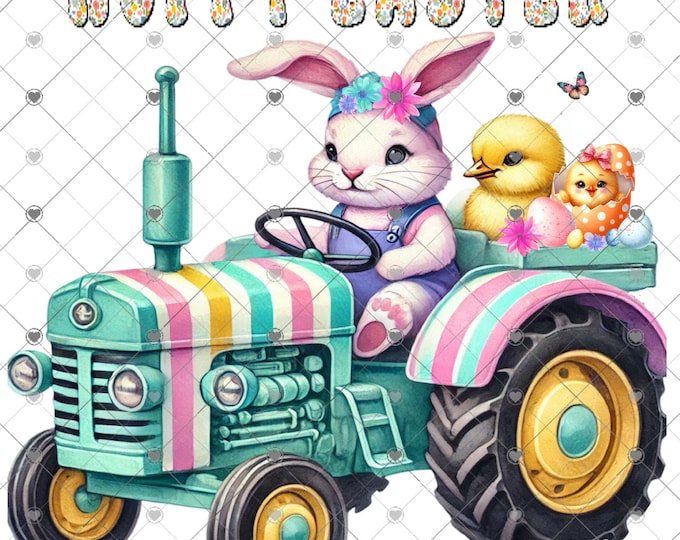 Bunny driving Tractor with baby Chicks, Hoppy Easter, Spring sublimation print, design, png, clipart