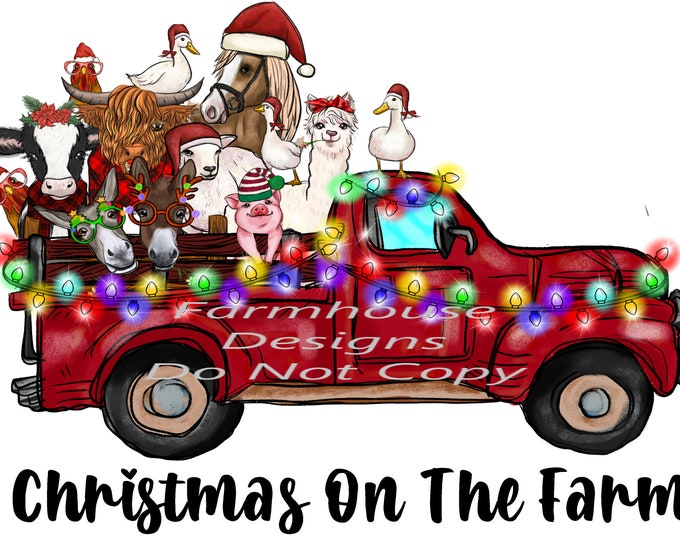 Vintage Red Truck and Barnyard Animals Christmas design, Digital Download, Shirt Design, Door sign Png, digital download, png file