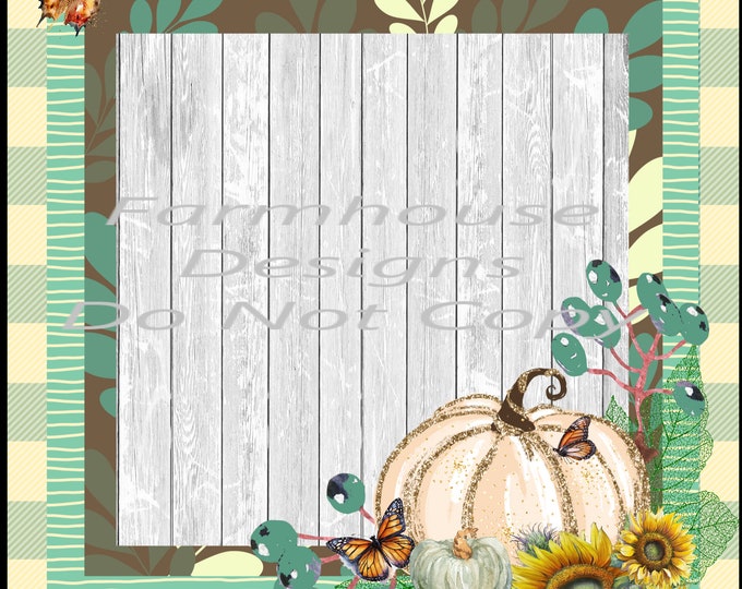 Fall Background design, White glitter pumpkin, Sunflowers and butterflies, digital download, png file, fall design