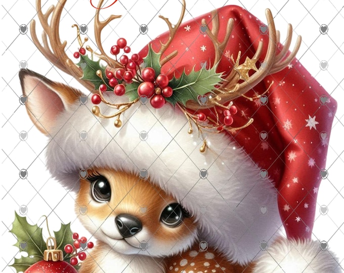 Cute Baby Deer in Santa Hat, Christmas Download, Shirt Design, Png, digital download, png, sign png