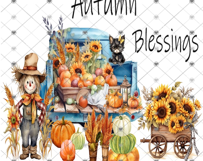 Hello Pumpkin, Blue Truck and Beautiful Flowers, Fall print, digital download, png file, fall design, shirt design