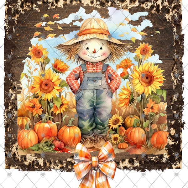 Scarecrow and sunflowers Fall Scene, Autumn Blessings, Welcome sign, digital download, png file, fall design, fall png