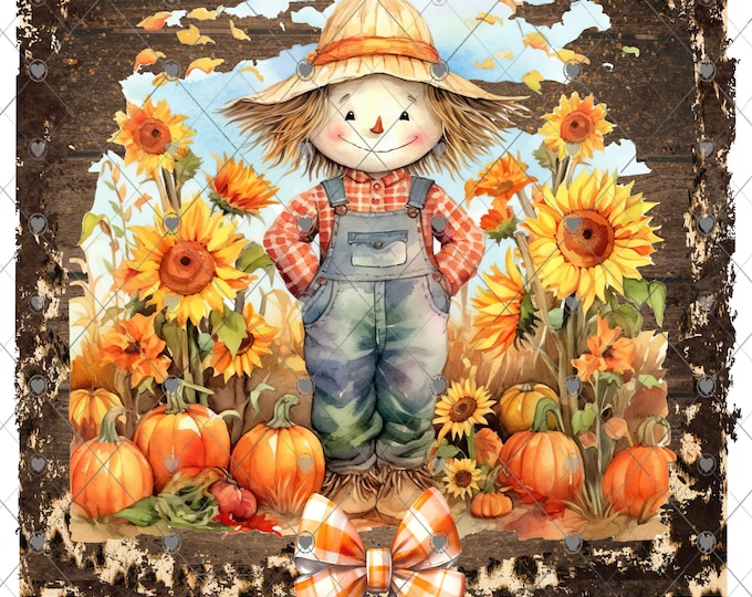 Scarecrow and sunflowers Fall Scene, Autumn Blessings, Welcome sign, digital download, png file, fall design, fall png