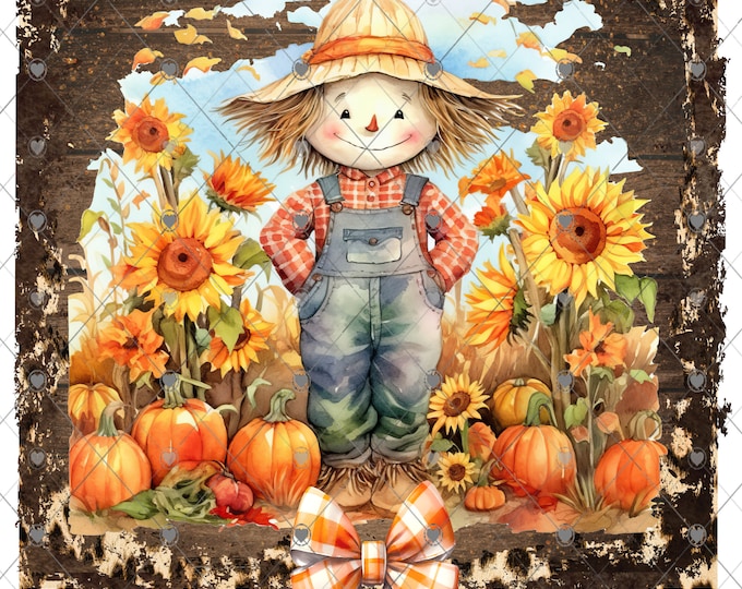 Scarecrow and sunflowers Fall Scene, Autumn Blessings, Welcome sign, digital download, png file, fall design, fall png