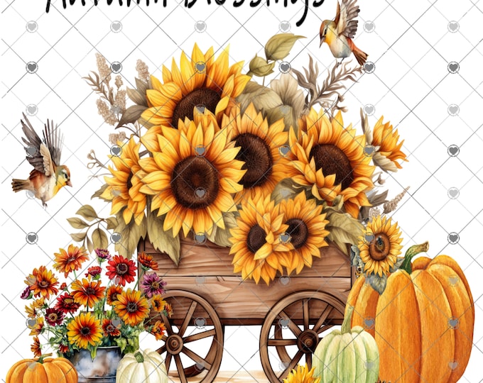 Autumn Blessings, Fall Sunflowers, Birds and Pumpkins scene, 2 Versions, print, digital download, png file, fall design, shirt design
