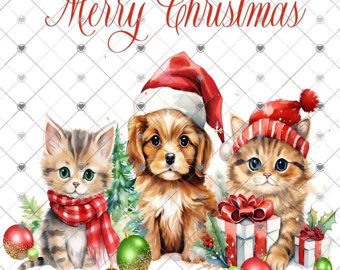 Merry Christmas, Cute Kittens and puppy with ornaments and gifts, Christmas Download, Shirt Design, Png, digital download, png, sign png