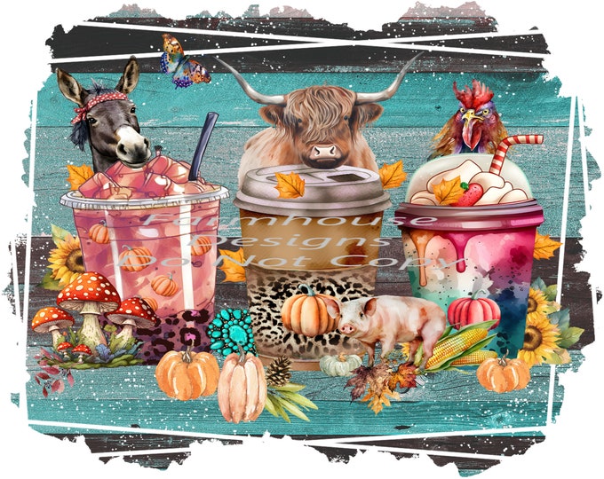 Highland Cow, Donkey and Chicken, with coffee Cups, Pumpkins and Turquoise, Shirt design, Png download, Digital Download