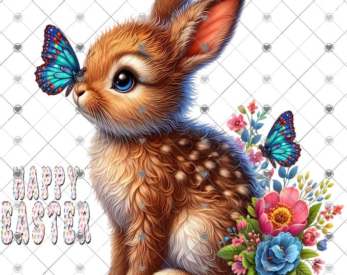 Baby Bunny with Butterflies and wildflowers, Happy Easter, Spring sublimation print, design, png, clipart