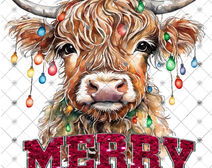 Merry Christmas, Highland Cow Wrapped in lights Christmas Download, Shirt Design, Png, digital download, png