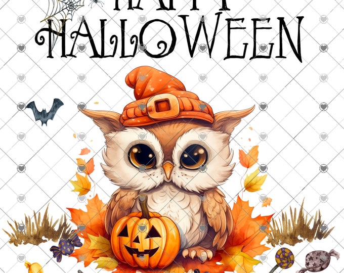 Happy Halloween, Adorable Owl with Jack-O-Lantern Pumpkin, Scene digital download, png file, fall design, shirt design, welcome sign,  png