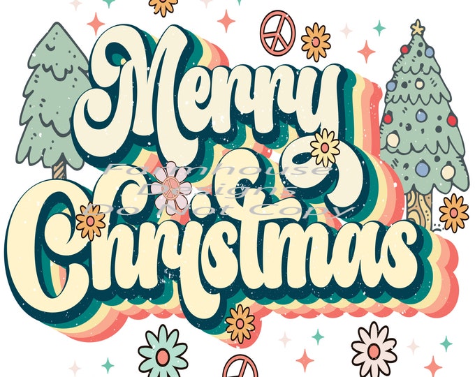 Merry Christmas colorful, Retro lettering, sublimation transfer or White Toner Transfer