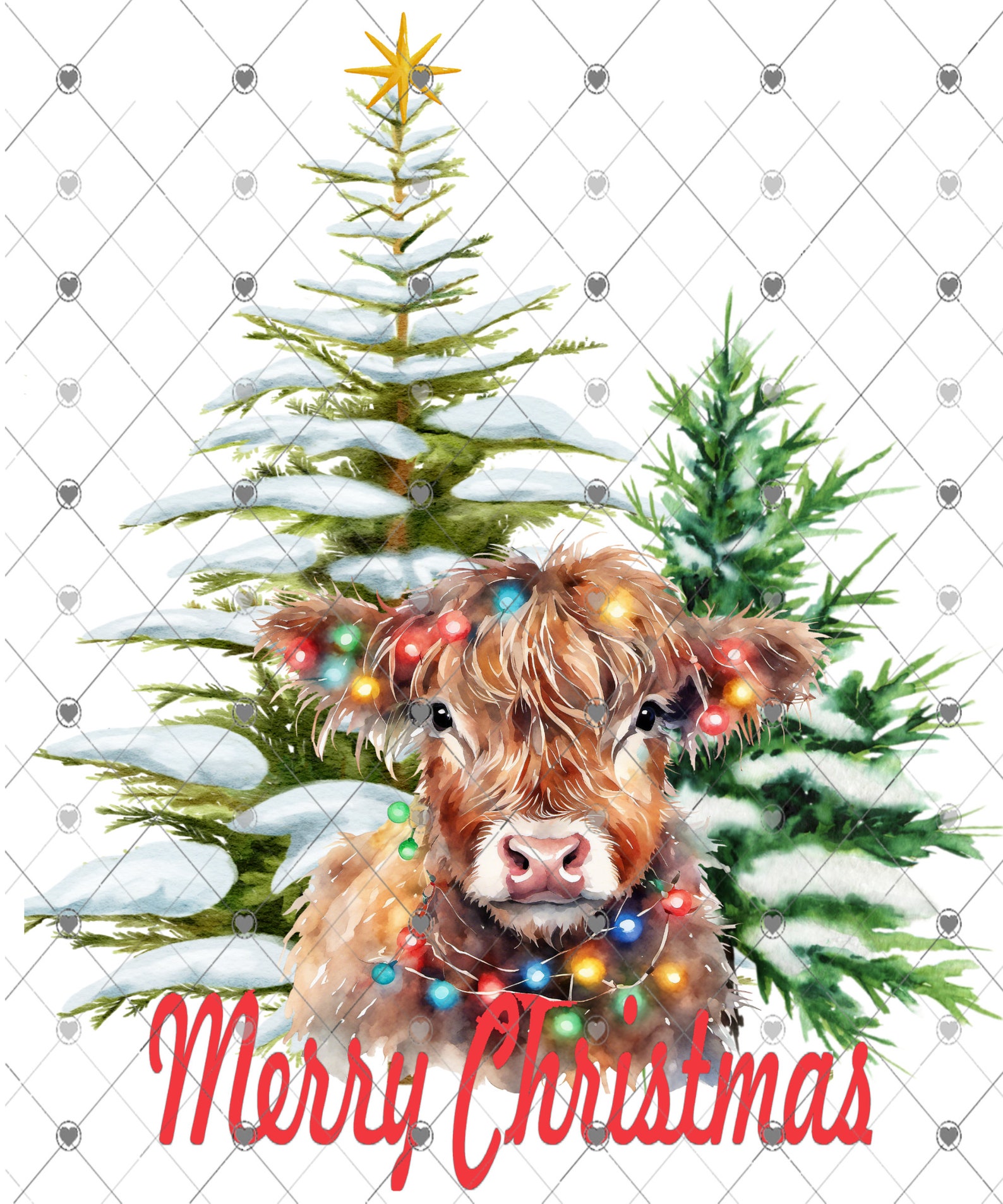 Merry Christmas Highland Cow With Christmas Lights, Digital Download