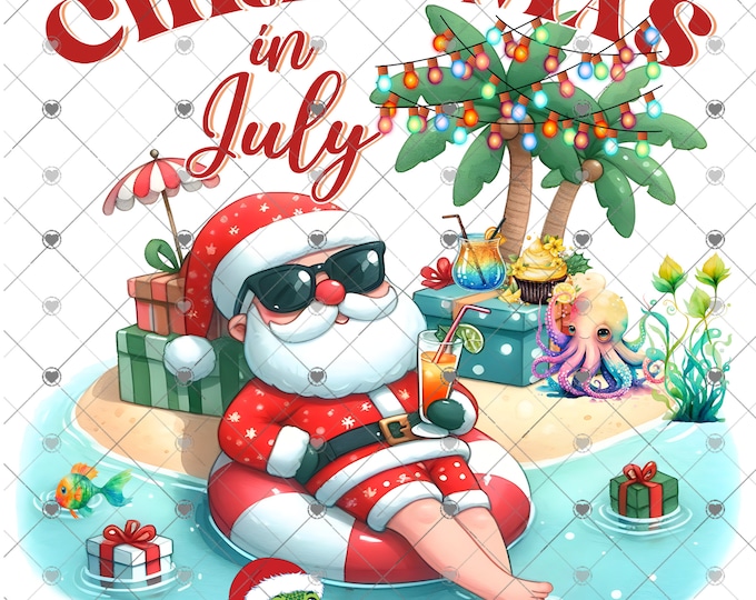 Christmas in July, Beach Santa on a Floaty, Digital Download, Shirt Design, digital download, png file