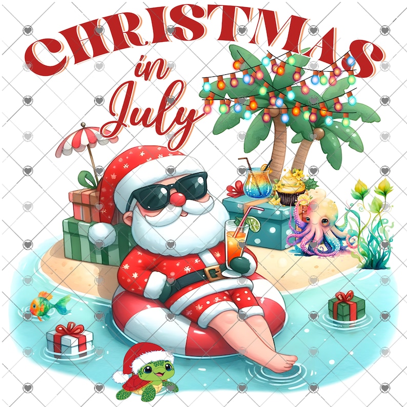 Puede incluir: Pap&aacute; Noel lleva gafas de sol y un traje rojo y blanco. Se est&aacute; relajando en una boya inflable roja y blanca en el oc&eacute;ano. Est&aacute; sosteniendo un vaso de zumo de naranja. Hay palmeras con luces de Navidad, regalos, una tortuga marina y un pulpo en el fondo. El texto "Christmas in July" est&aacute; en la parte superior de la imagen.