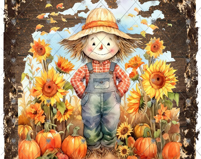 Scarecrow and sunflowers Fall Scene, Autumn Blessings, Welcome sign, digital download, png file, fall design, fall png