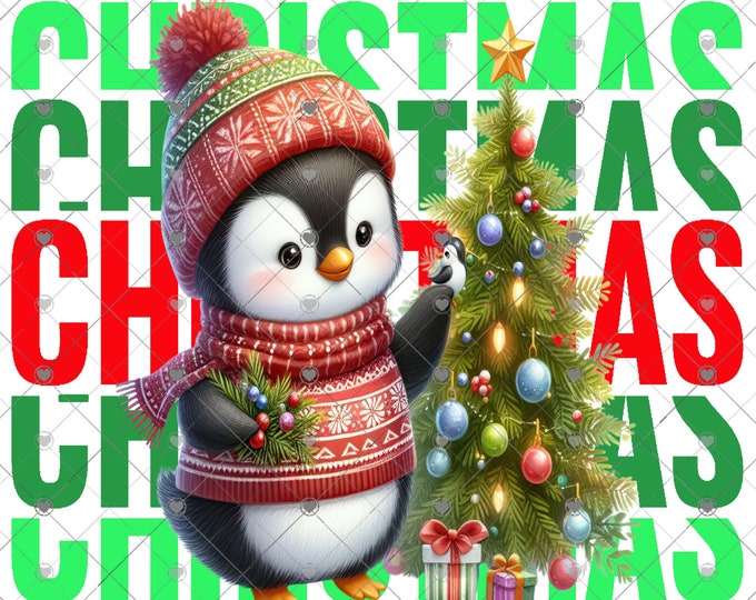 Christmas penguin with Christmas Tree, Christmas Download, kid's or adult's shirt, Shirt Design, Png, digital download, png file