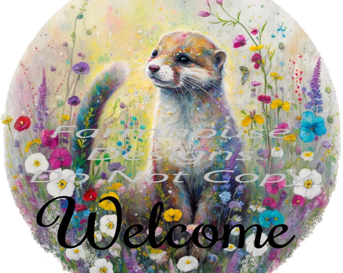 Otter and wildflowers Welcome sign, Watercolor print, png design, funny shirt design, digital download, Png file