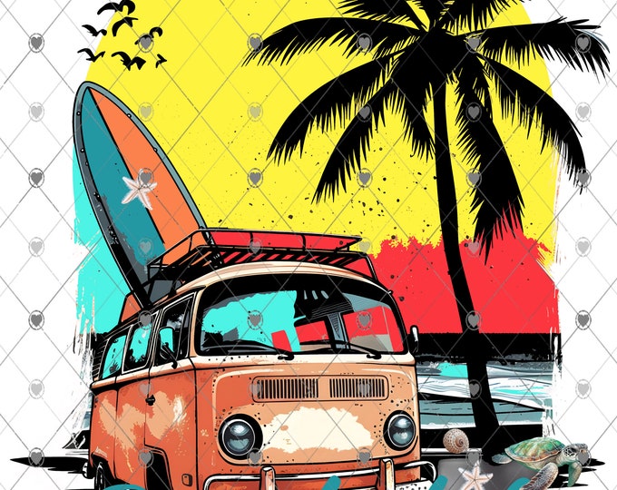 Beach Life , Vintage  Van, Sunset scene, Summer design,  shirt design, digital download, Png file