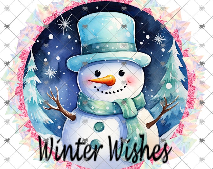 Snowman, Winter Wishes, Glittery Border Round sublimation transfer or White Toner Transfer