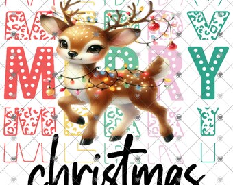 Feliz Navidad, Reno envuelto en luces, Descarga navideña, Diseño de camiseta, Png, descarga digital, png