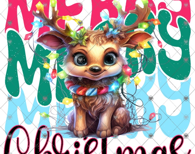 Merry Christmas Cute Reindeer wrapped in lights,  Christmas Download, Shirt Design, Png, digital download, png, sign png