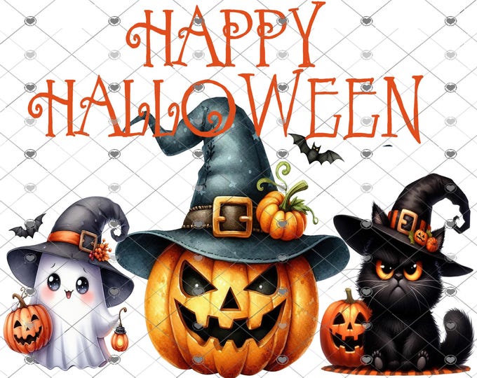Happy Halloween Ghost, Black Cat and Jack O Lantern download, png file, shirt design, png, Children's shirt png