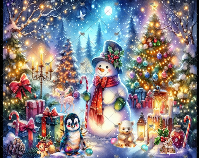 Snowman with Woodland Creature Christmas Scene, 20 skinny Tumbler design, digital download, Png file