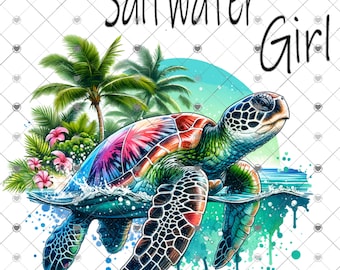 Chica de Agua Salada, Tortuga Marina, diseño de verano, diseño de camiseta divertida, descarga digital, archivo Png