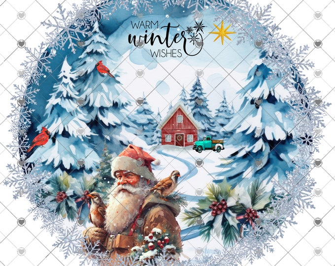 Warm winter wishes, Rustic Santa Clause, Nature snow scene, digital download, png download, shirt design