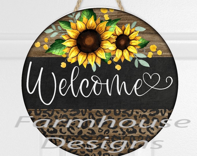 Welcome, sunflowers and cheetah print, summer, fall , welcome sign, round door decor