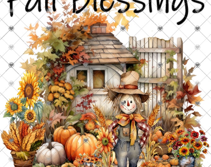 Fall Blessings, Beautiful Fall Flowers and pumpkins scene, 2 versions, Fall print, digital download, png file, fall design, shirt design