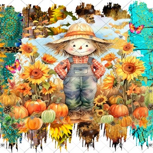 Scarecrow and sunflowers and Pumpkins Fall Scene, Autumn Blessings, Welcome sign, digital download, png file, fall design, fall png