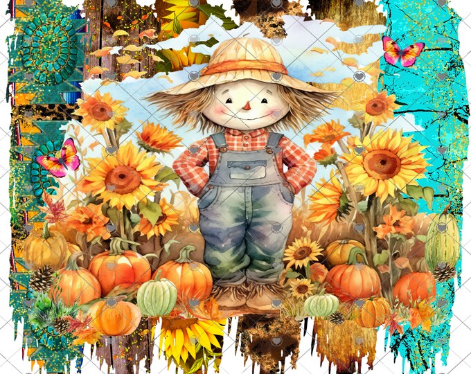 Scarecrow and sunflowers and Pumpkins Fall Scene, Autumn Blessings, Welcome sign, digital download, png file, fall design, fall png