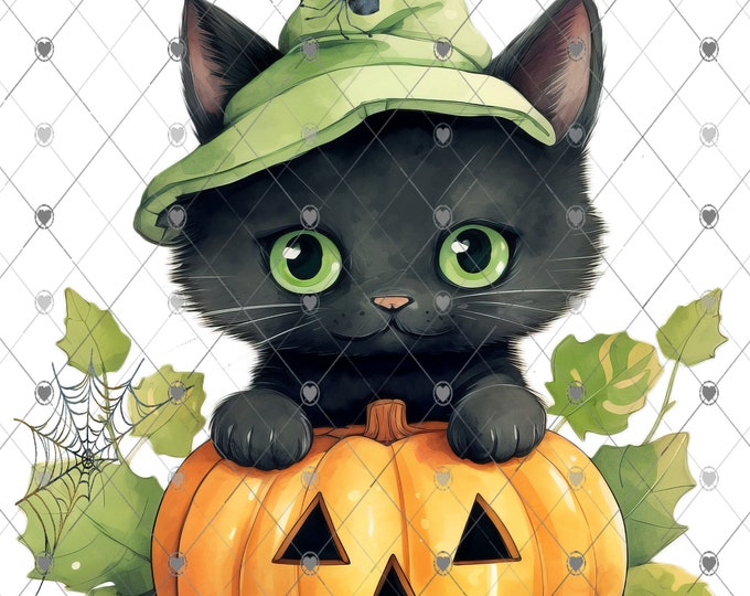 Happy Halloween, Adorable Black kitten with Jack-O-Lantern Pumpkin,  digital download, png file, shirt design, welcome sign,  png