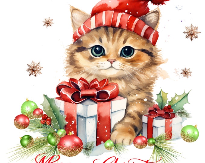 Merry Christmas, Cute Kitten with ornaments and gifts, Christmas Download, Shirt Design, Png, digital download, png, sign png